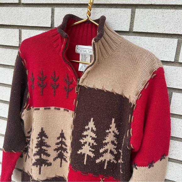Mandal Bay Patchwork Tree Knit Sweater Red Brown Beige Fall Y2K Cottagecore M - Picture 2 of 10